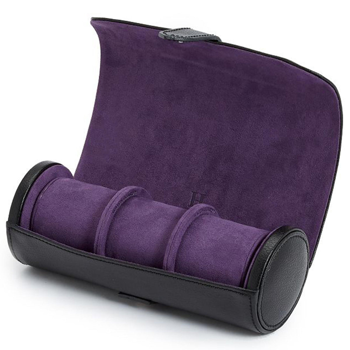Purple suede watch roll with two rolled sections and black protective trim