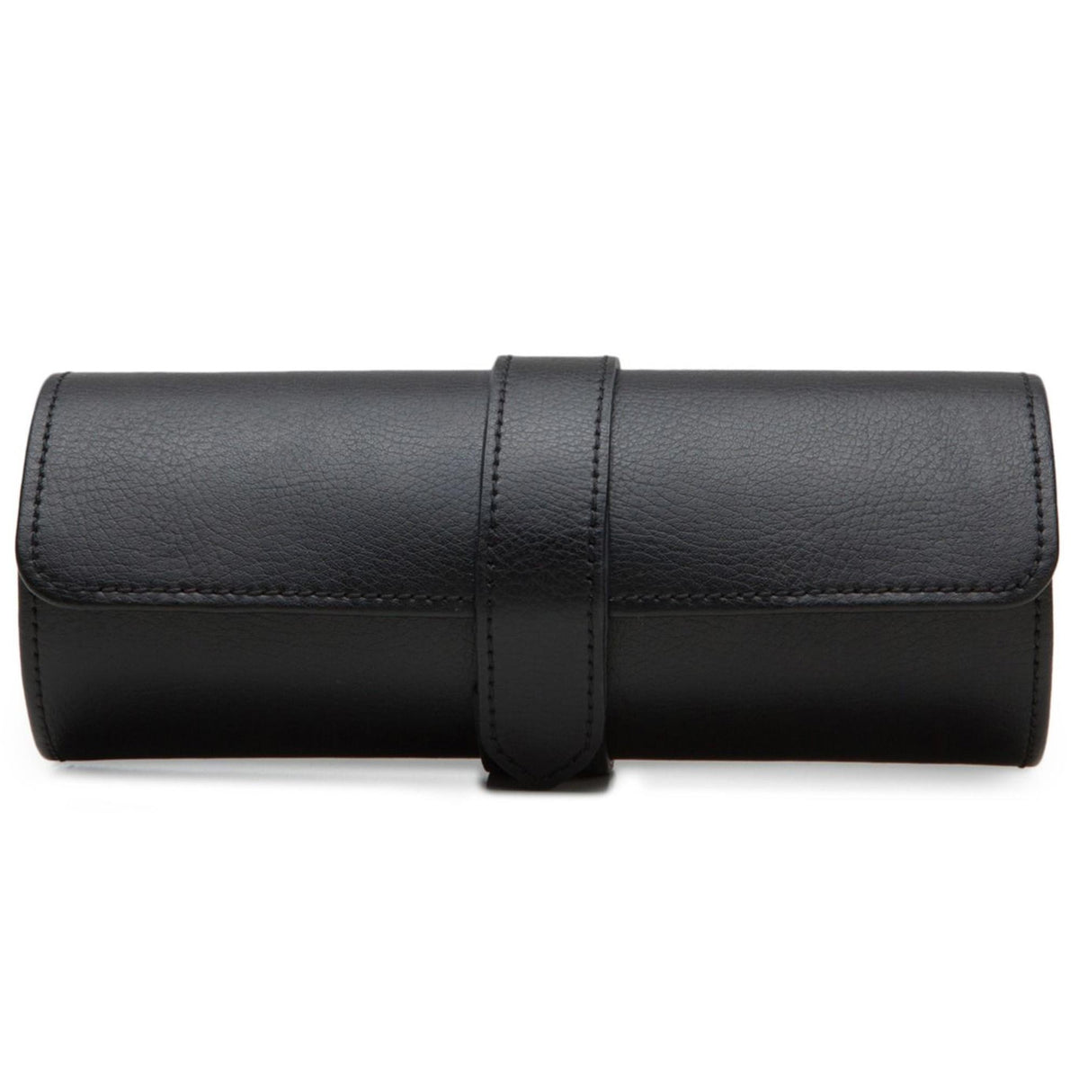 Black leather watch roll with center strap and stitched outer seam