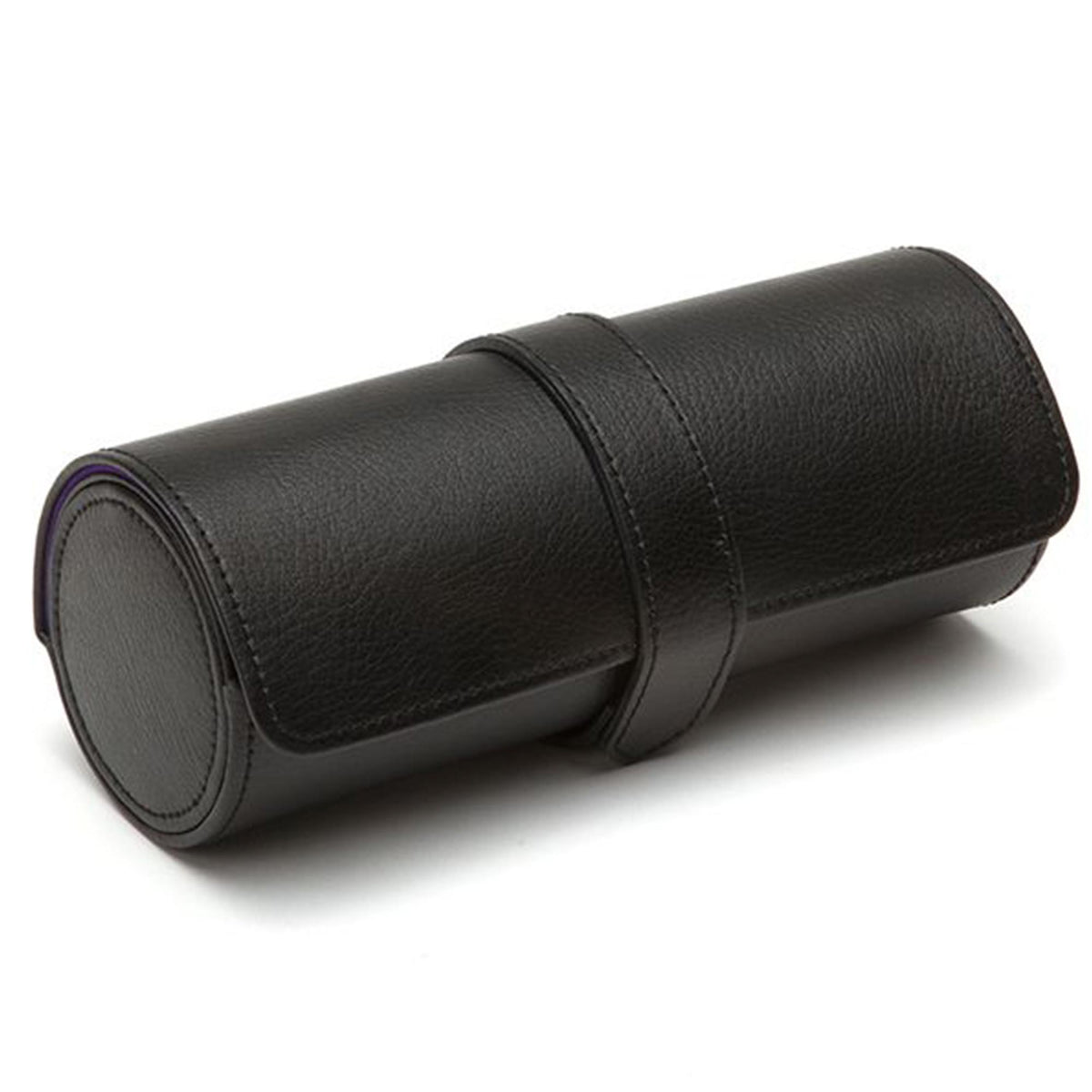 Black leather watch roll, side view with rounded end and central band