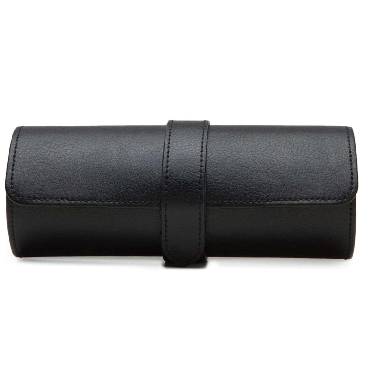Black leather watch roll with center tie and double-stitched edges
