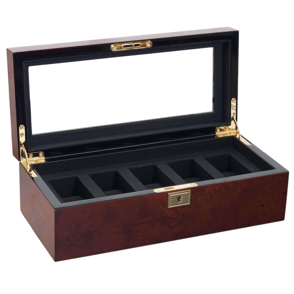 Burgundy open watch storage box with black compartment tray and brass hinges