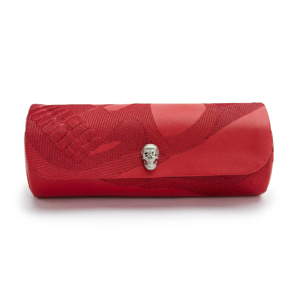 Red triple watch roll with skull button closure and textured top