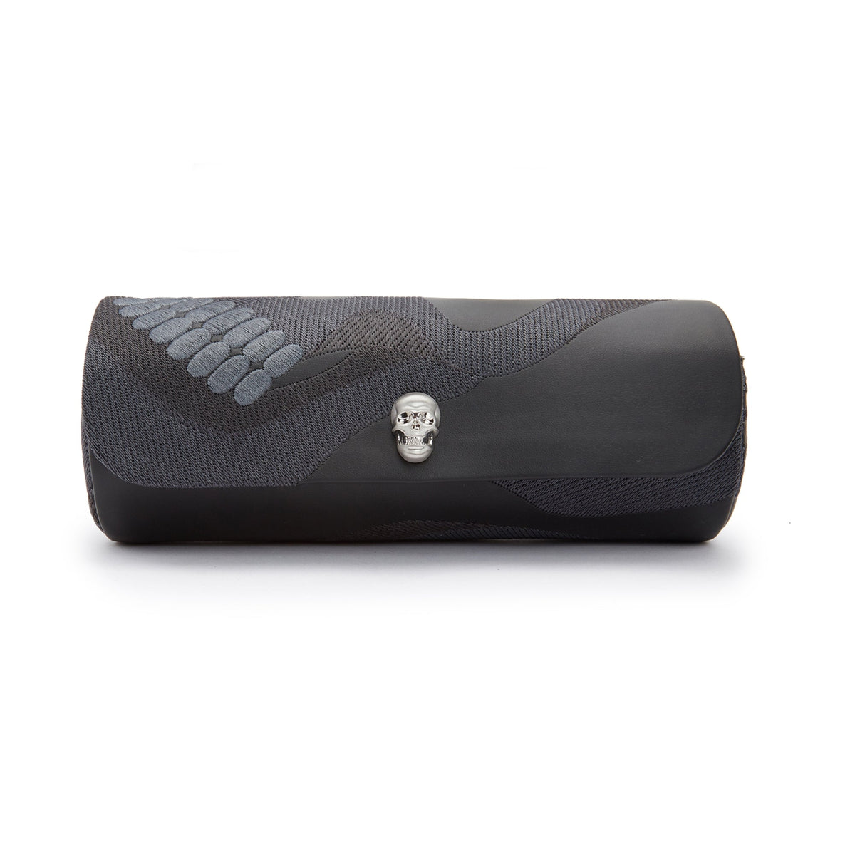 Front view of dark triple watch roll with wolf skull clasp and gray paw motif