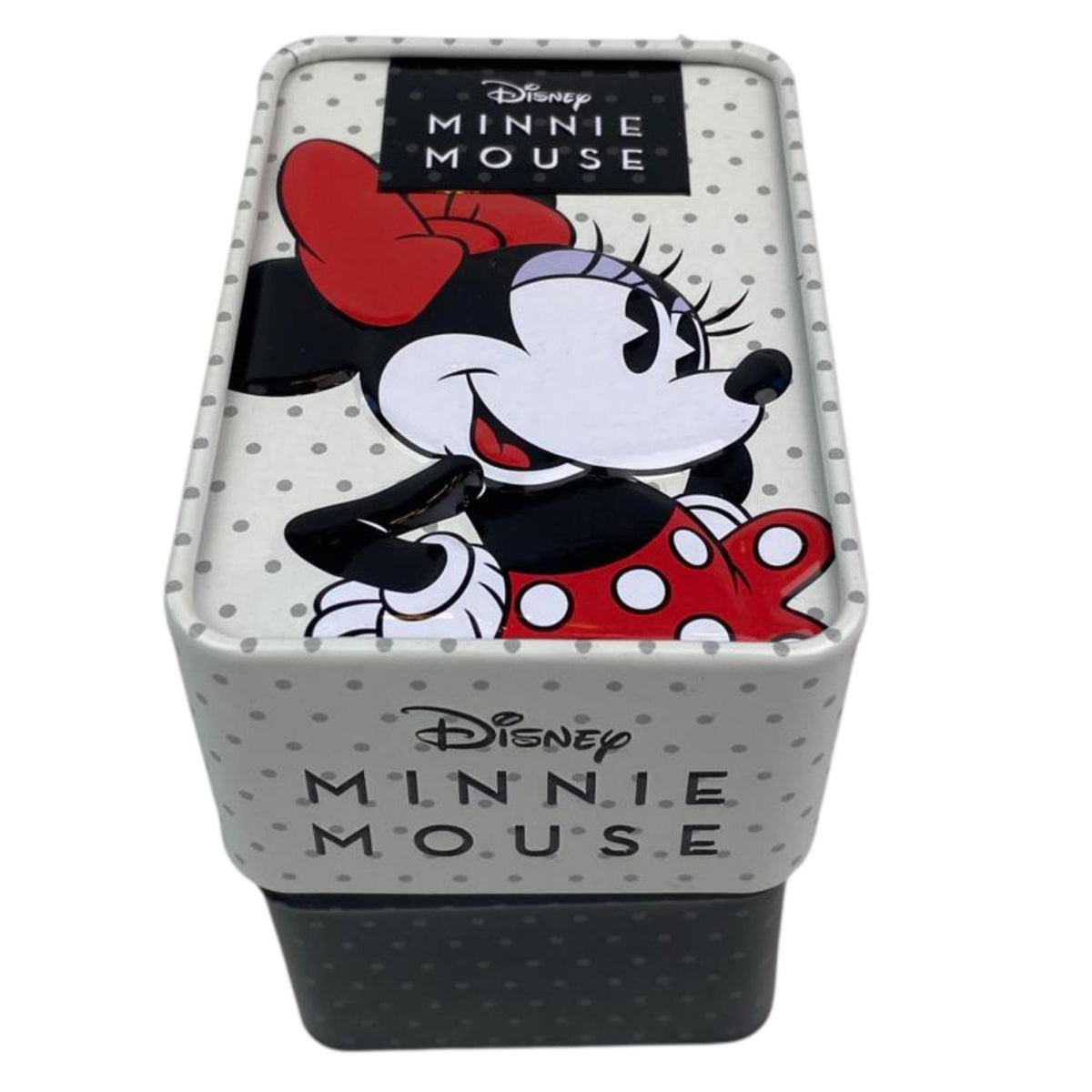 Girls Minnie Mouse watch strap in gray with red bow print and 'MINNIE MOUSE' text
