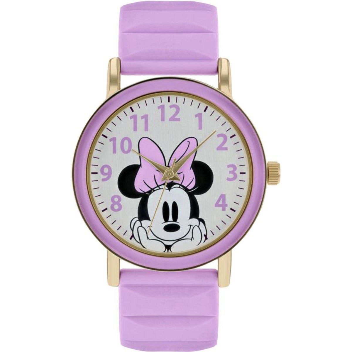 Girls quartz watch with purple rubber strap, gold-tone case, and Minnie Mouse silver dial