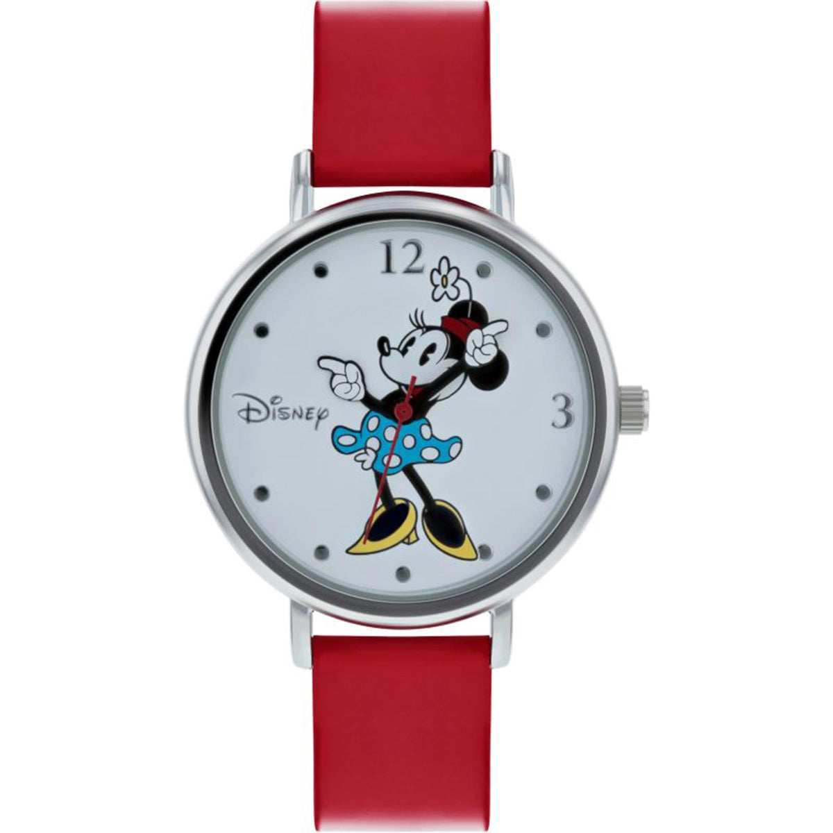 Red leather girls watch with silver bezel and Minnie Mouse dial, crown at 3 o'clock.