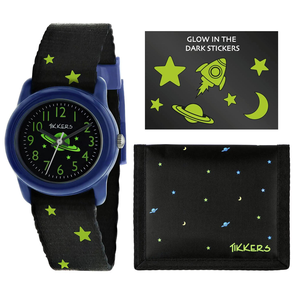 Kids watch set with blue-cased quartz watch, black canvas strap, and glow stickers sheet plus pouch