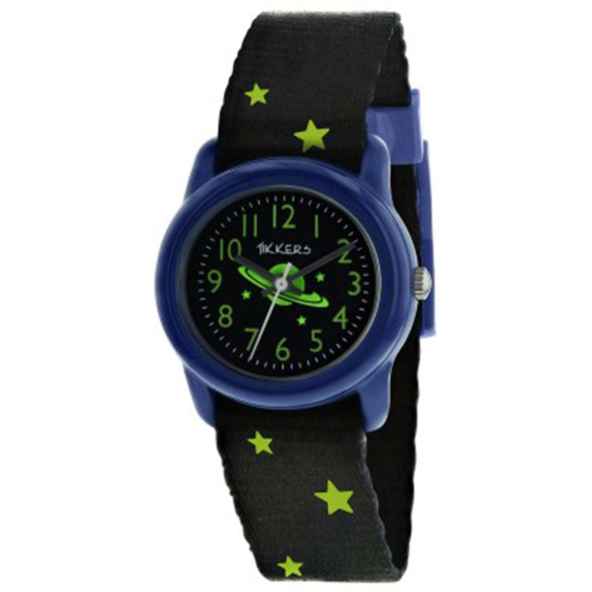 Kids space quartz watch with blue case, black canvas strap, black dial with green star motifs