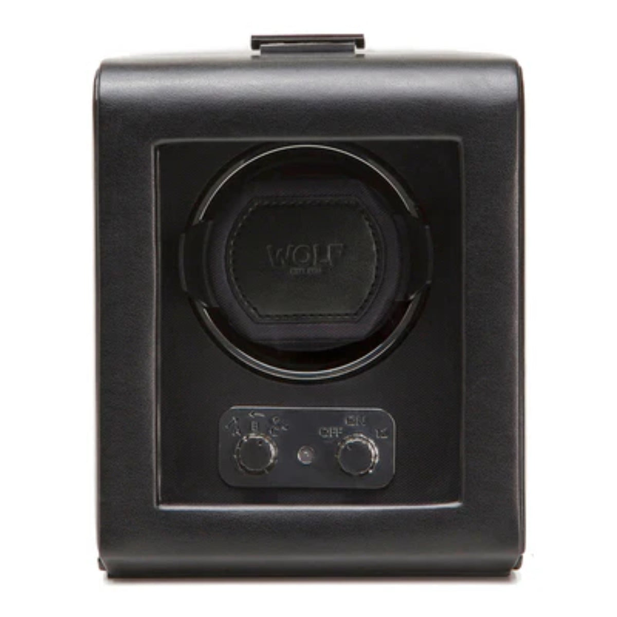 Black watch winder front view with circular winder dial and control switch panel