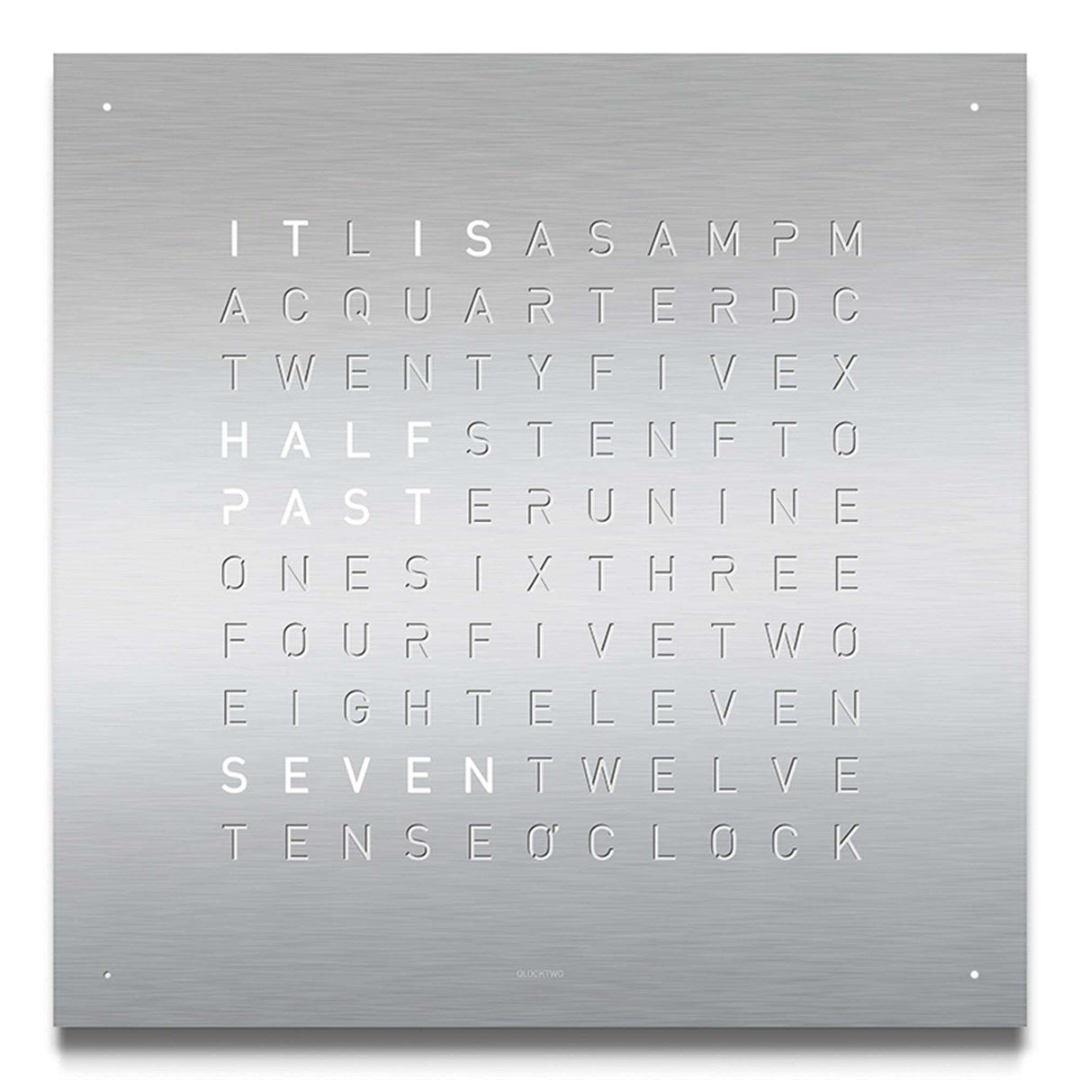 Brushed metal square wall clock displaying engraved time words with small dot markers