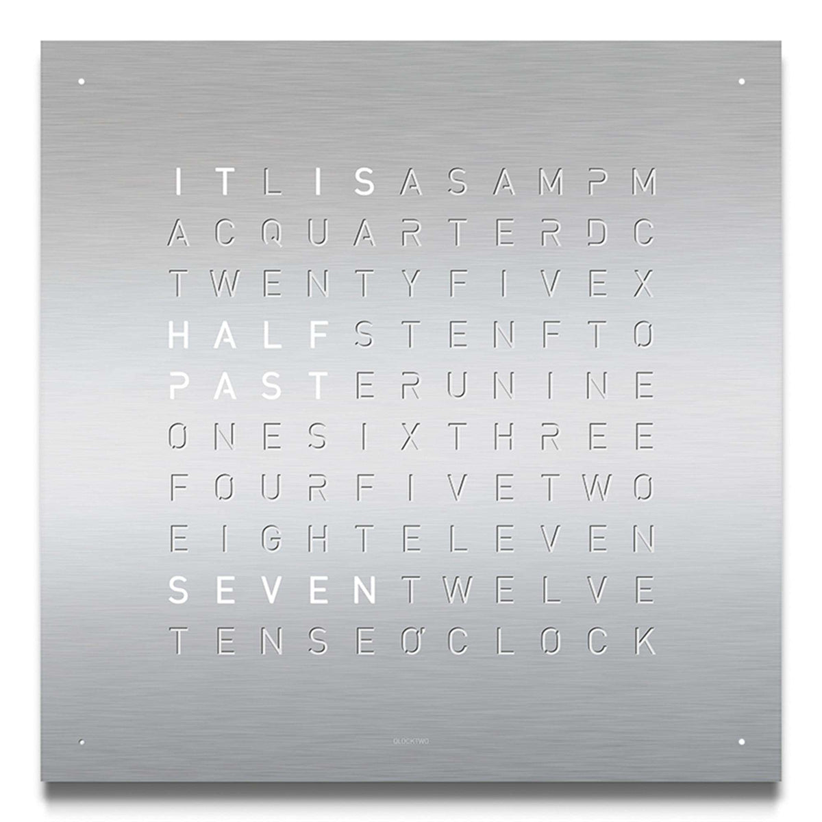 Brushed metal square wall clock face with engraved time words and four small corner dots