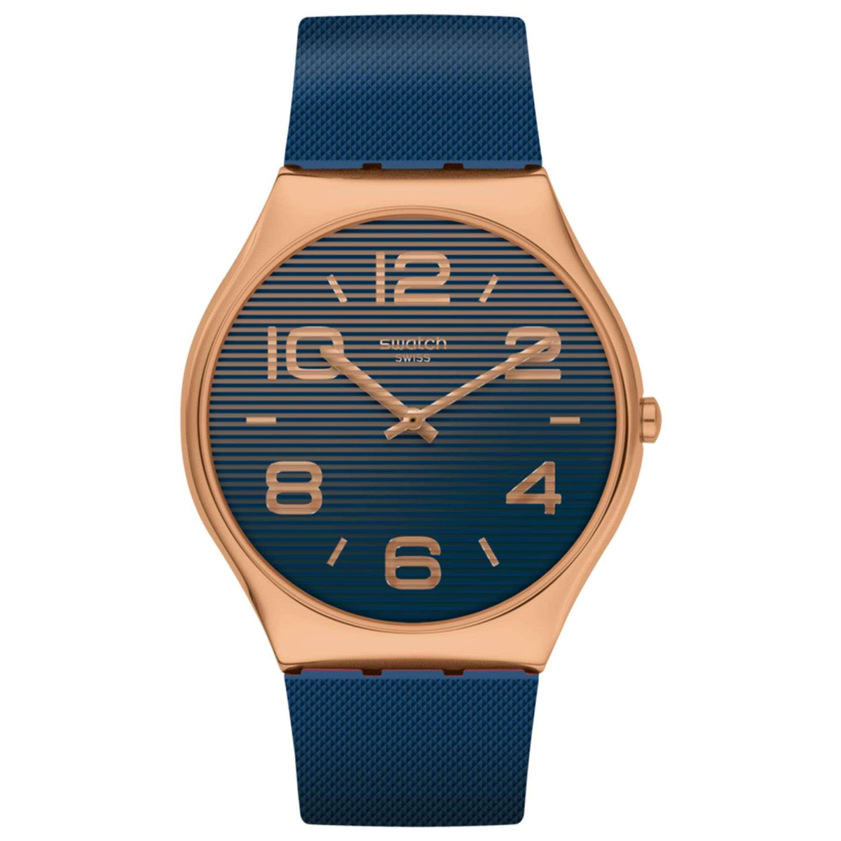 Swatch quartz watch face with blue dial, gold numerals, dark blue rubber strap