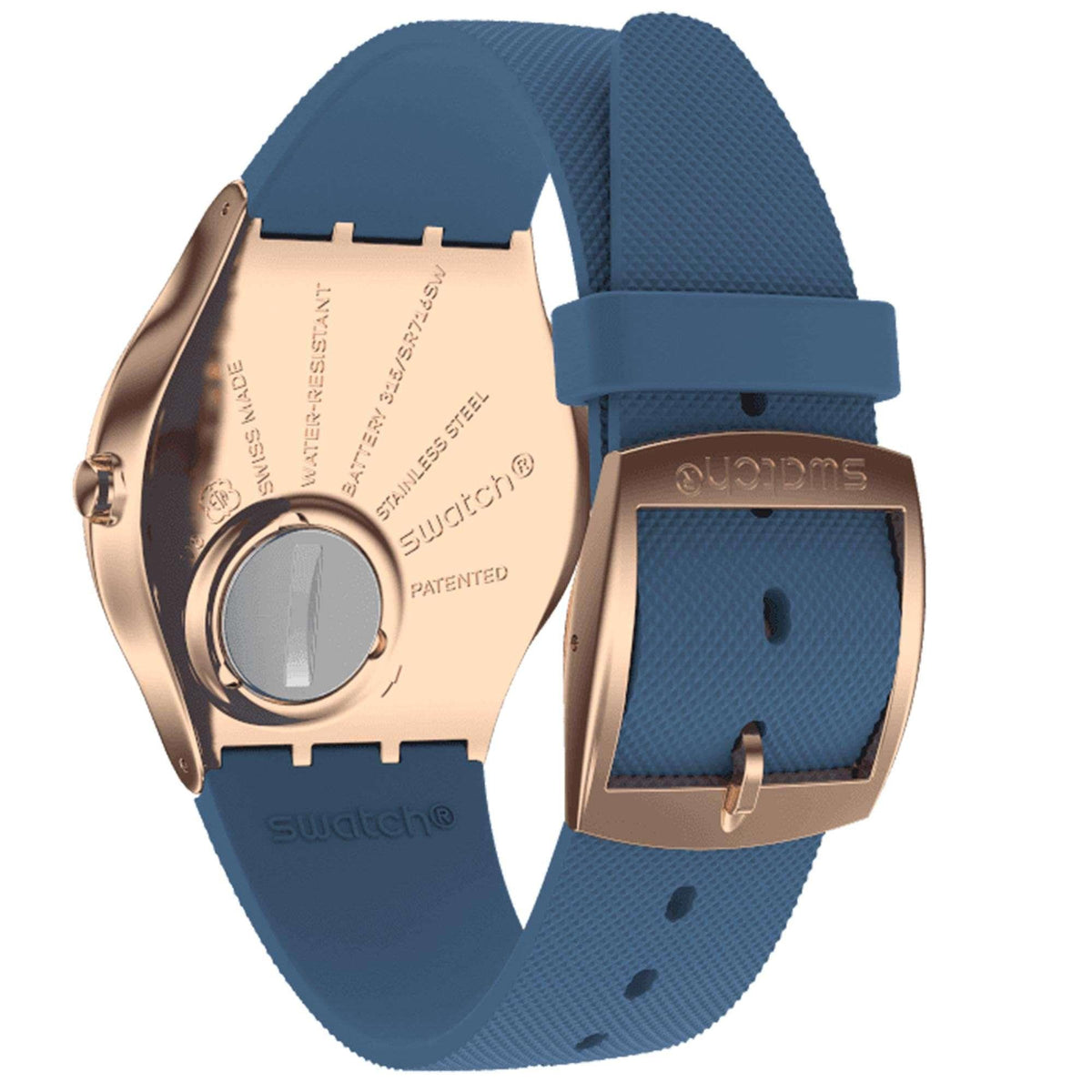 Swatch quartz watch case back with blue rubber strap and buckle, rose-gold tone finish