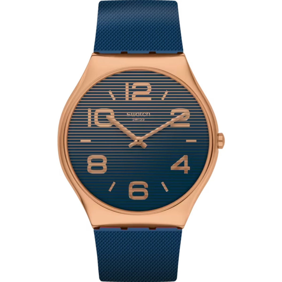Swatch quartz watch with blue dial, gold-tone case, dark blue rubber strap