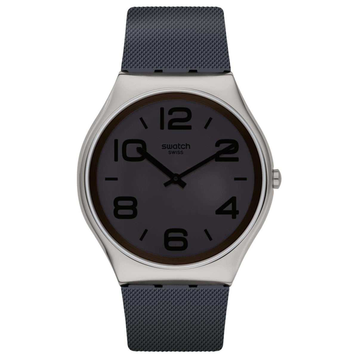 Round quartz watch with dark brown dial and black textured rubber strap, silver bezel