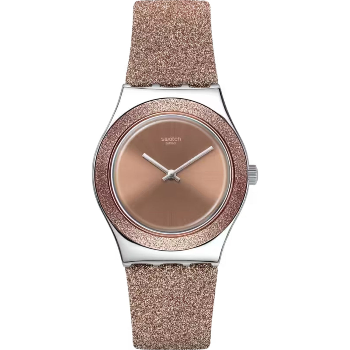 Front view ladies rose-pink dial quartz watch with glitter strap and silver-tone case