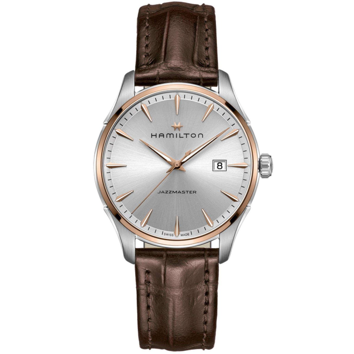 Mens quartz watch: silver bezel, light dial with hour markers, brown leather strap