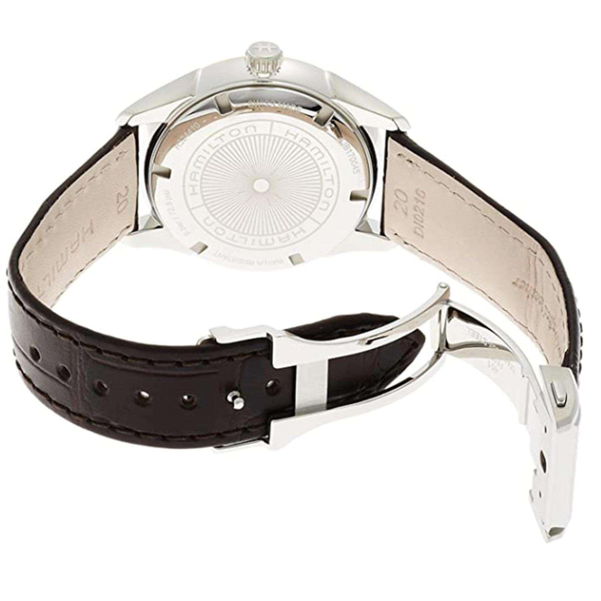 Quartz watch rear view with silver case back and dark leather strap with buckle