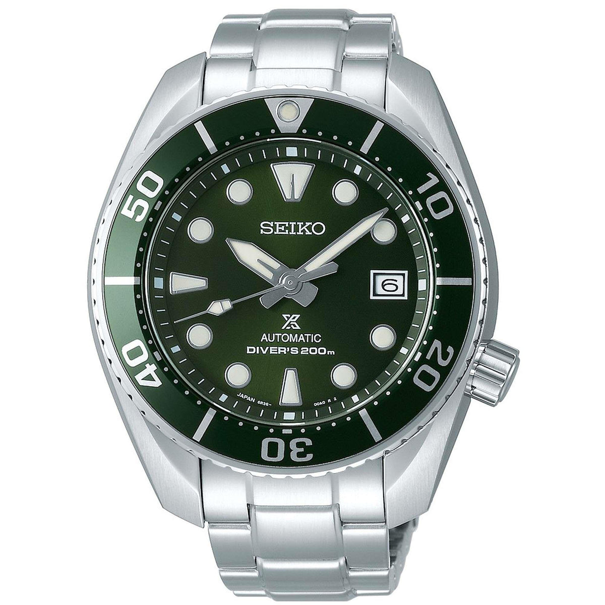 Men's diver watch front view with green dial and stainless steel bracelet, bezel markers