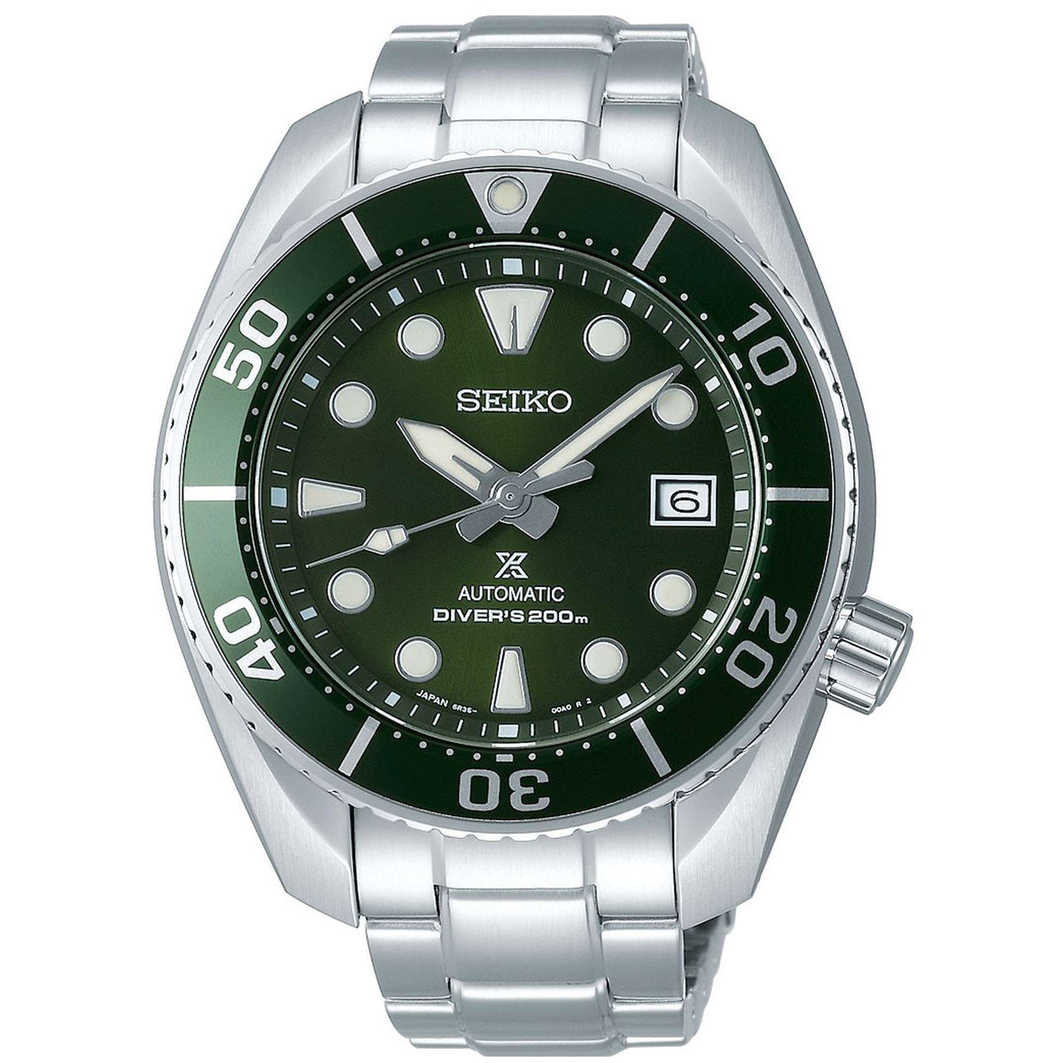 Men's Seiko diver watch with green dial and stainless steel bracelet, bezel ring 08