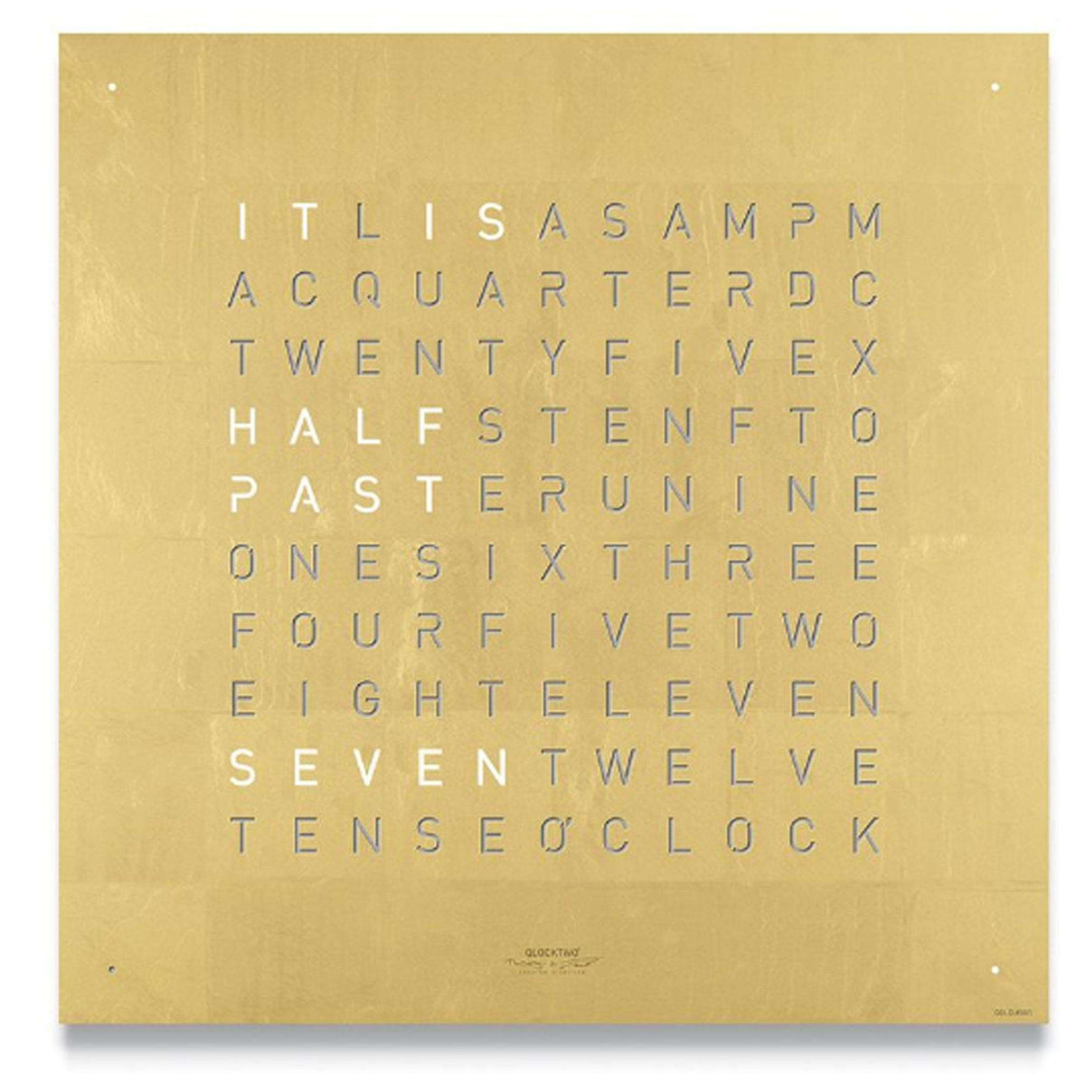 Gold square word-dial wall clock showing hours and minutes text across the face