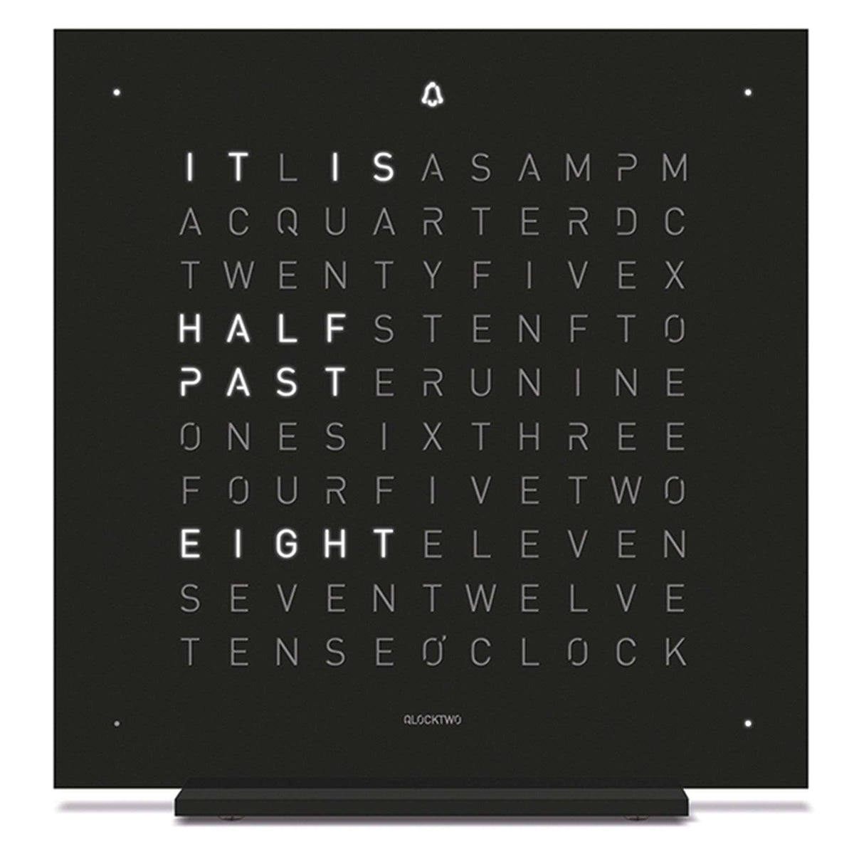 QLOCKTWO deep black touch table clock showing word lines, straight front view