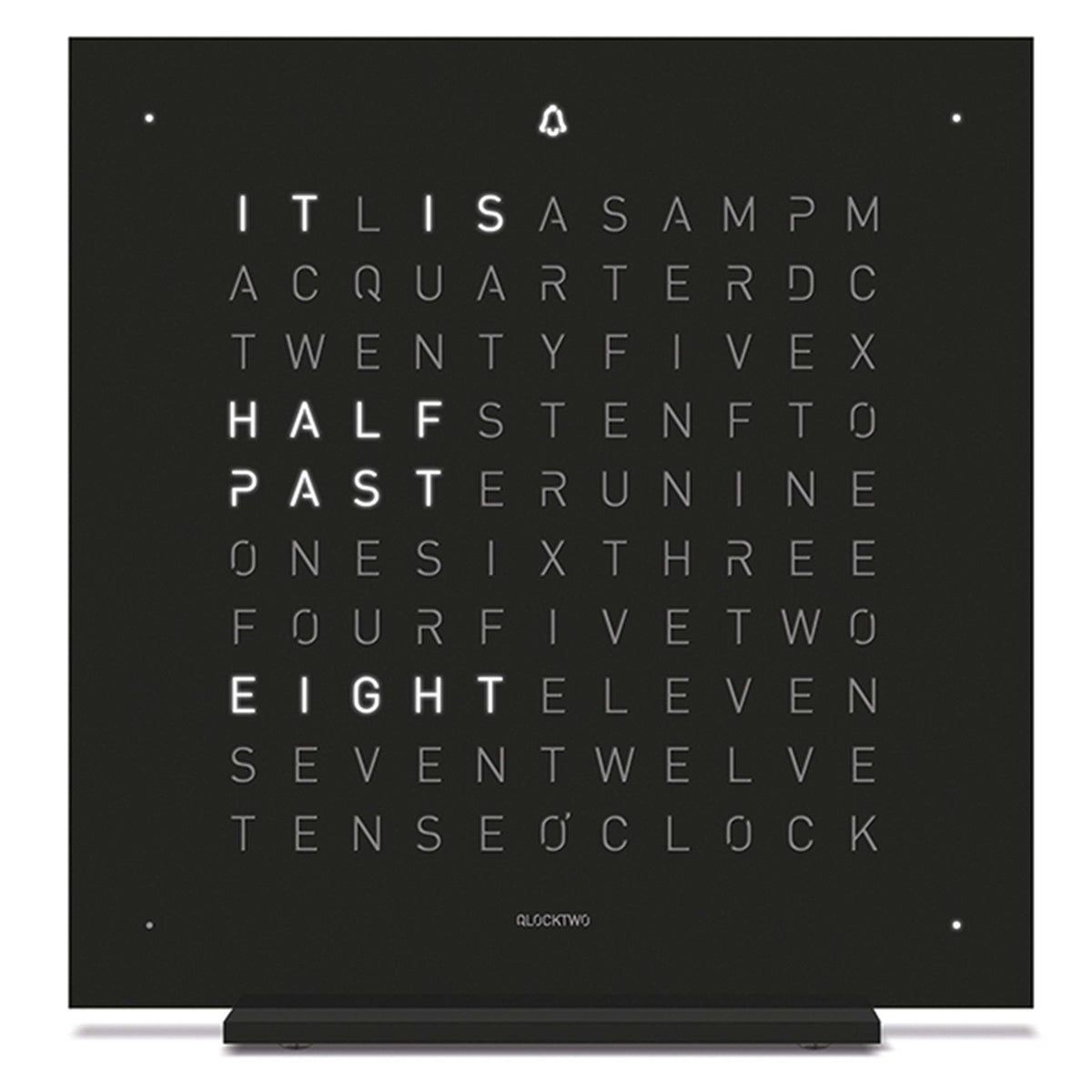QLOCKTWO deep black touch table clock with illuminated word grid and stand