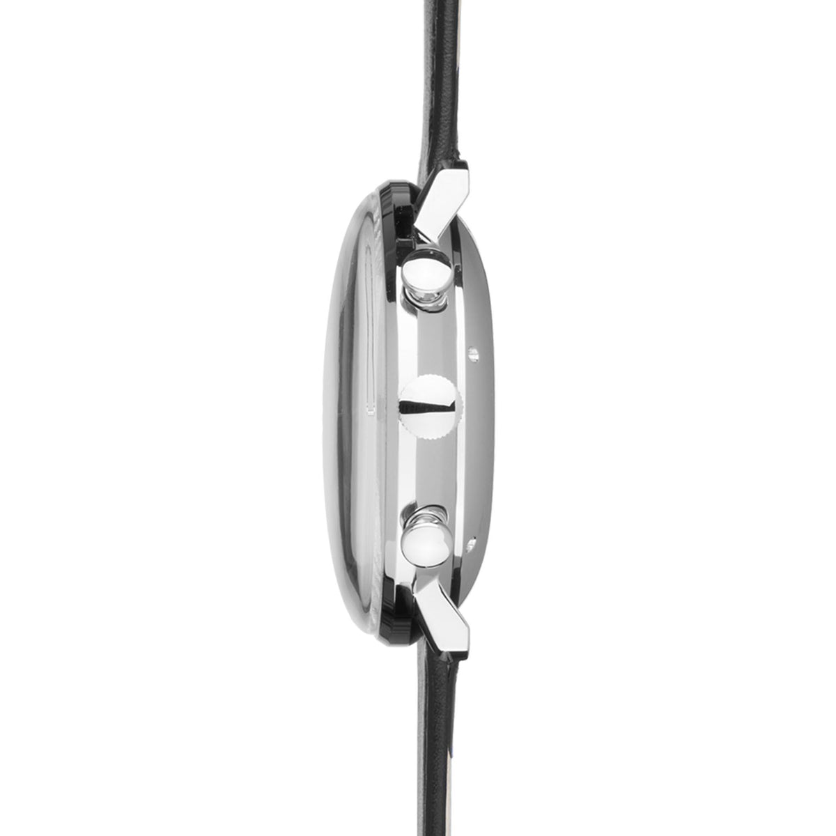Men's chronoscope watch side profile with black leather strap and silver crown pushers