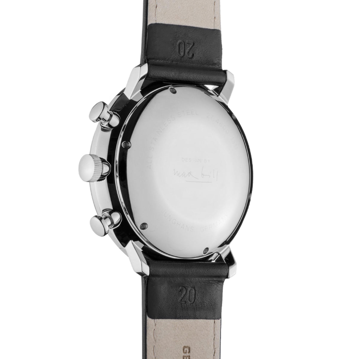 Men's chronoscope watch caseback view with black leather strap, silver bezel and crowns
