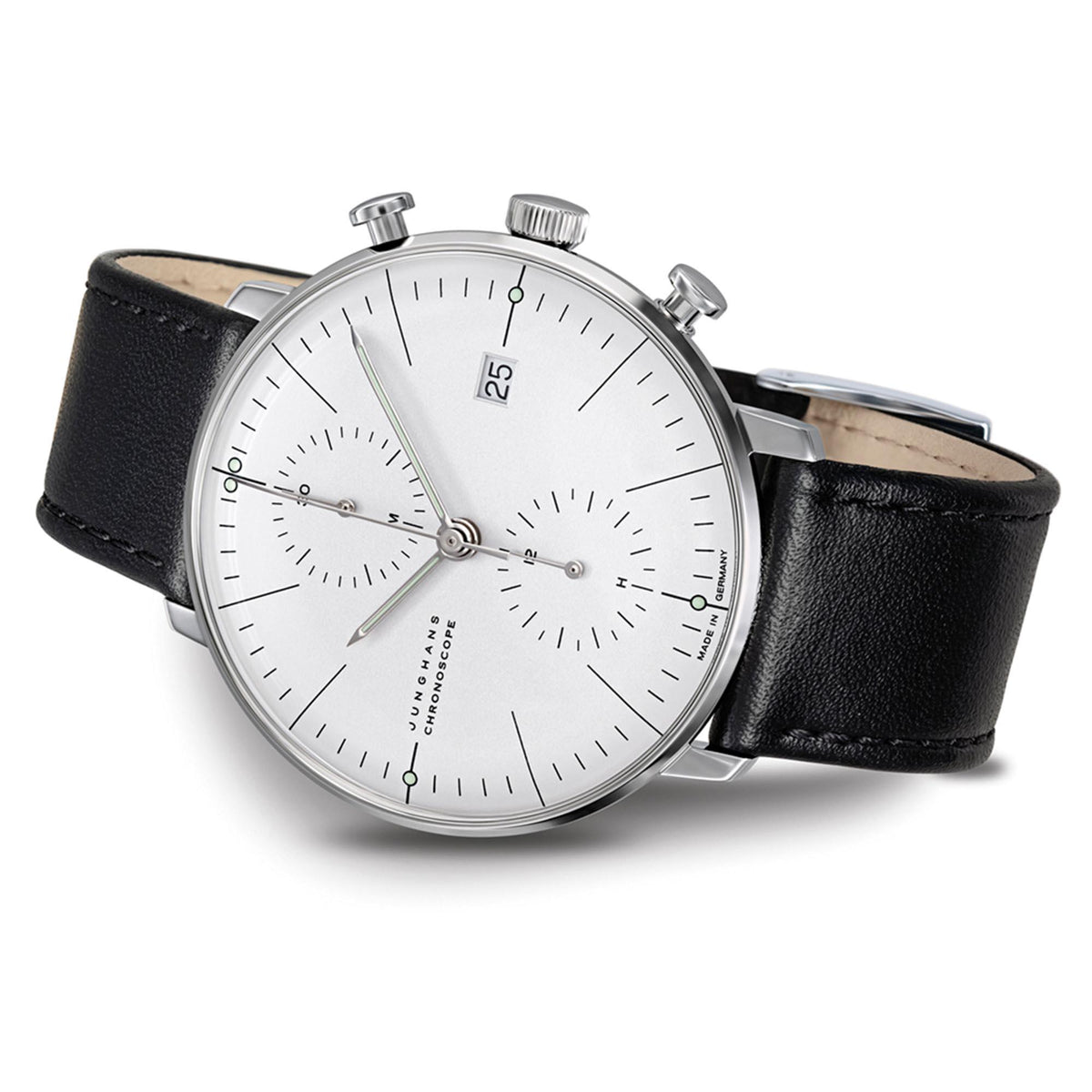 Men's chronoscope watch angled view, white dial, silver case, black leather strap