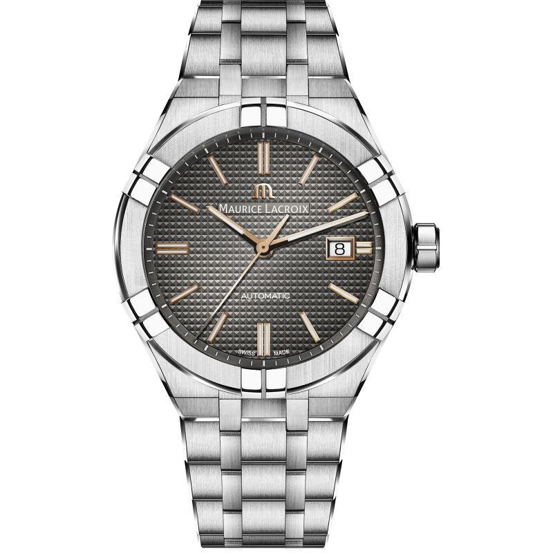 Men's stainless-steel automatic wristwatch with textured black dial, baton hands, date at 8