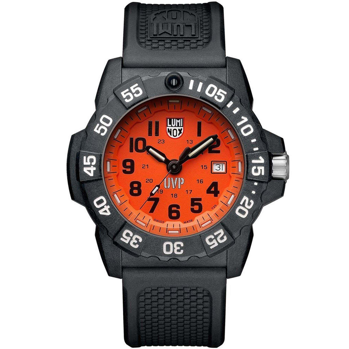 Quartz dive-style watch with orange dial and black rubber strap, textured bezel and crown