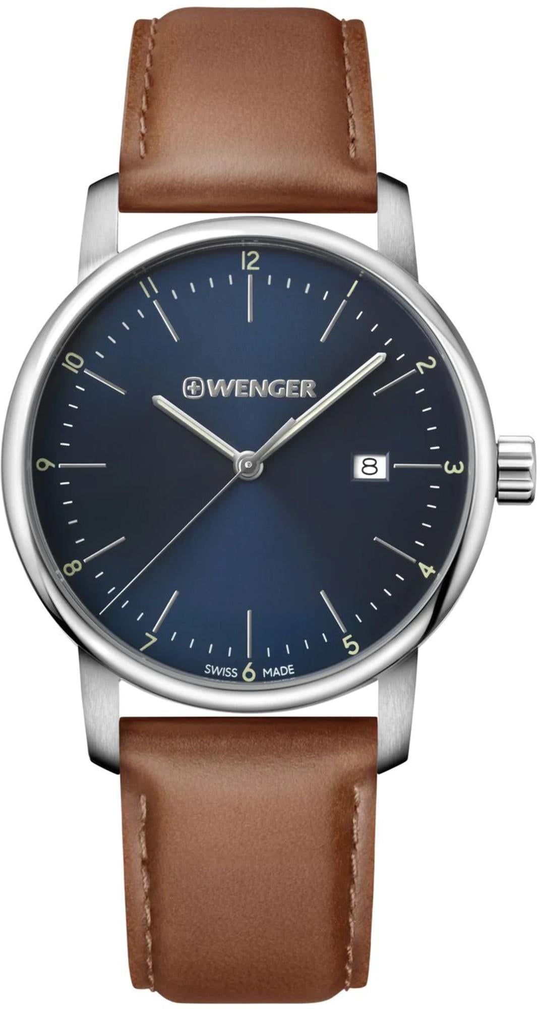 Men's quartz watch front view, blue dial with date window and brown leather strap.
