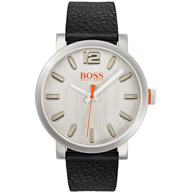 Men's Hugo Boss Orange wristwatch, silver case, white dial with orange hands, black strap