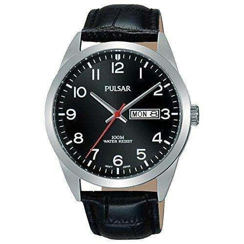 Men's quartz wrist watch with black dial, silver case, black leather strap, date window