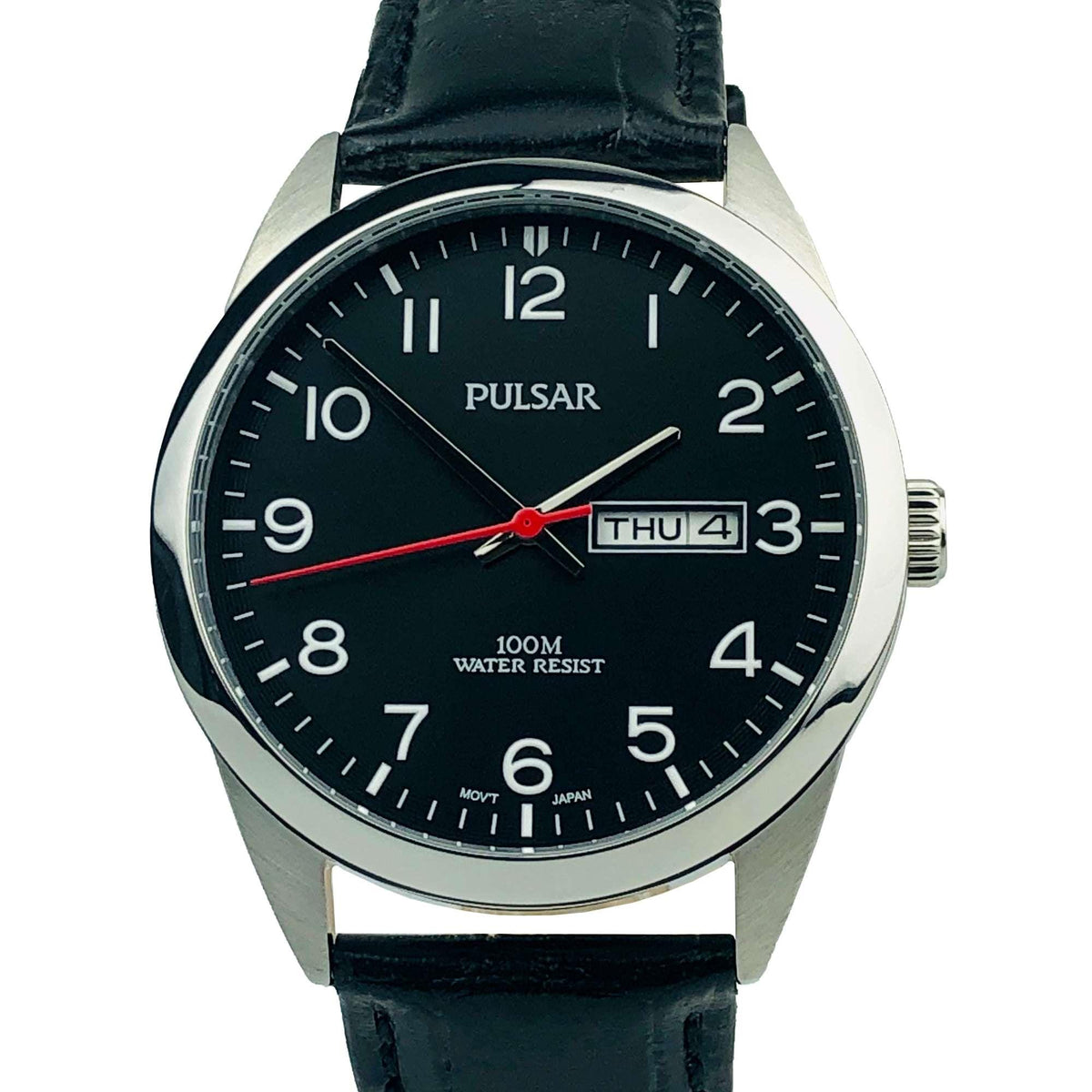 Men's quartz watch, black dial with red second hand, silver case, black leather strap