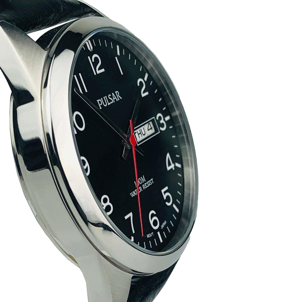 Men's quartz watch from the side, black dial and silver case with red second hand