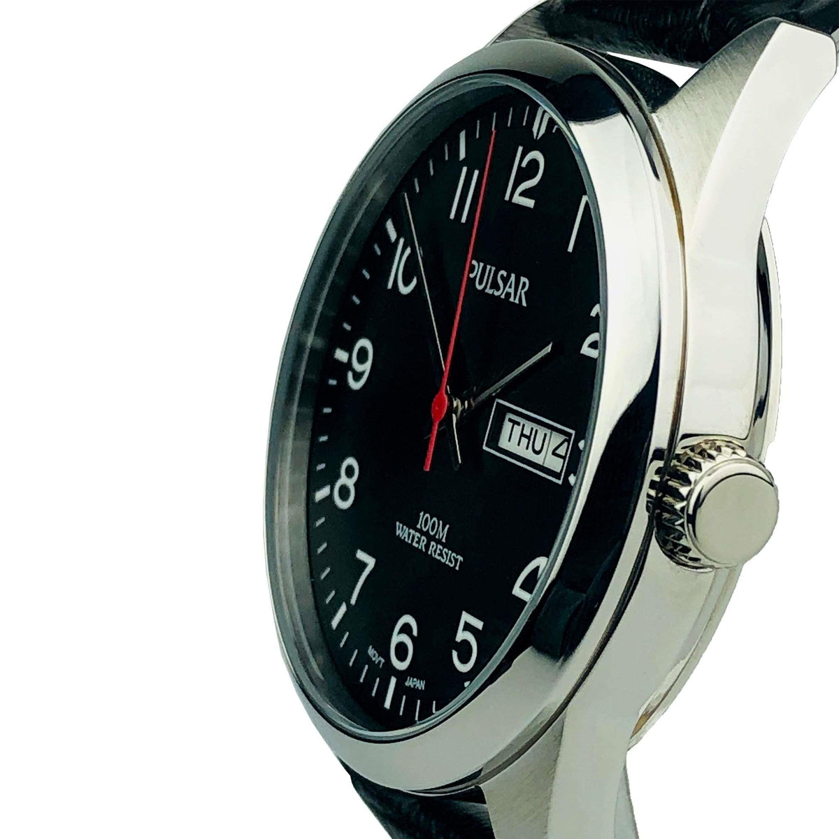 Men's quartz watch angled view, black dial with day/date window, silver case, black leather strap