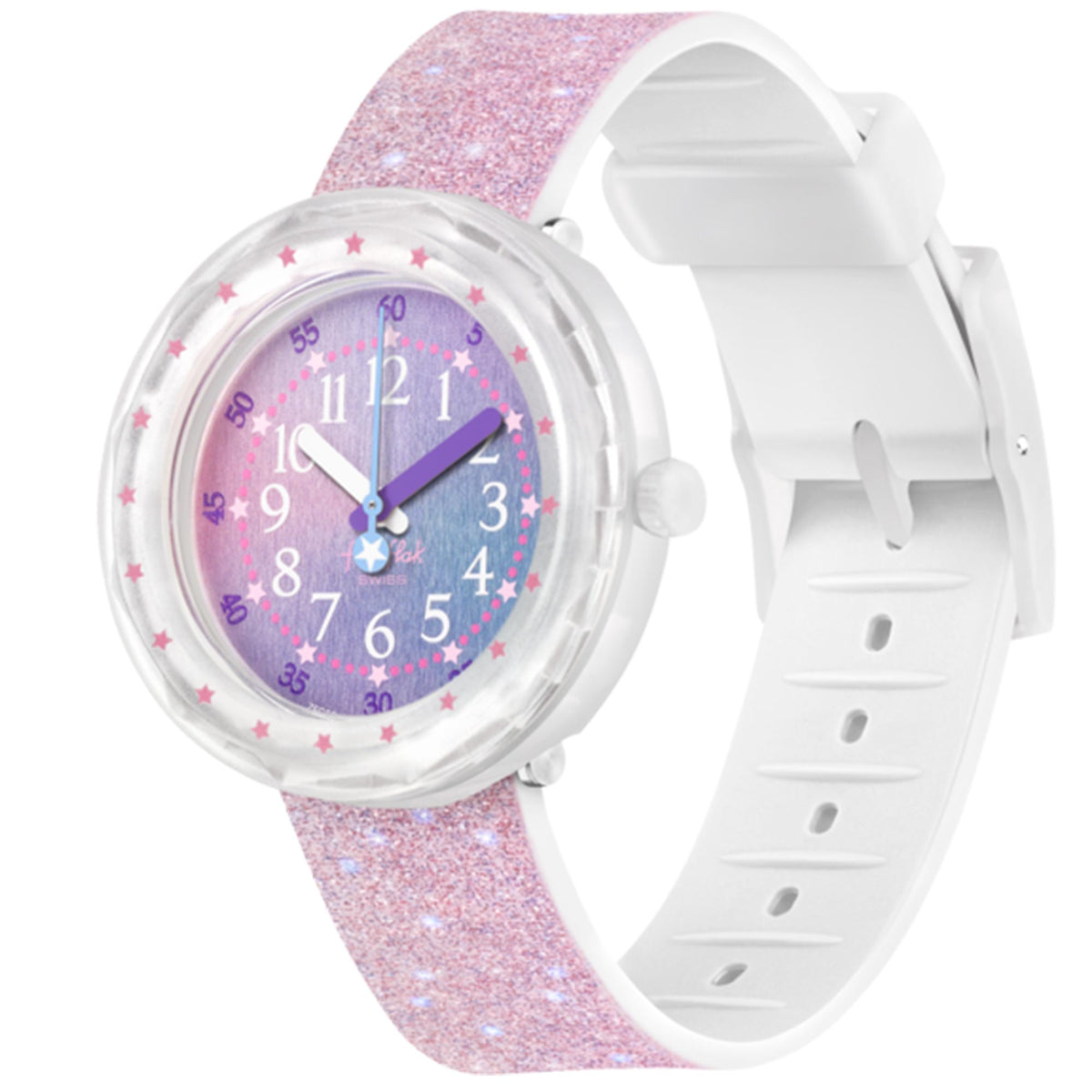 Girls' quartz watch with pink glitter strap, purple star dial, clear case