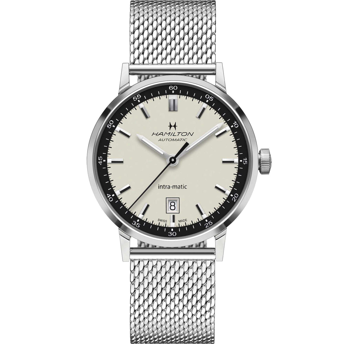 Men's automatic wristwatch front view, white dial with indices and date window, steel case