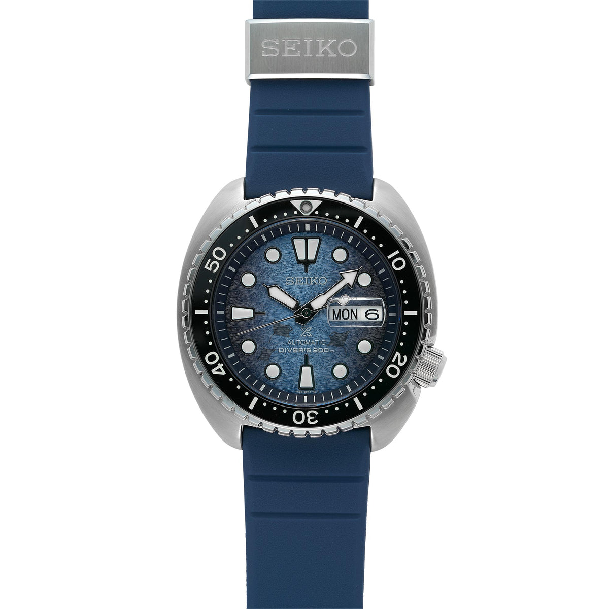 Men's Seiko automatic diving watch featuring blue dial and blue silicone strap