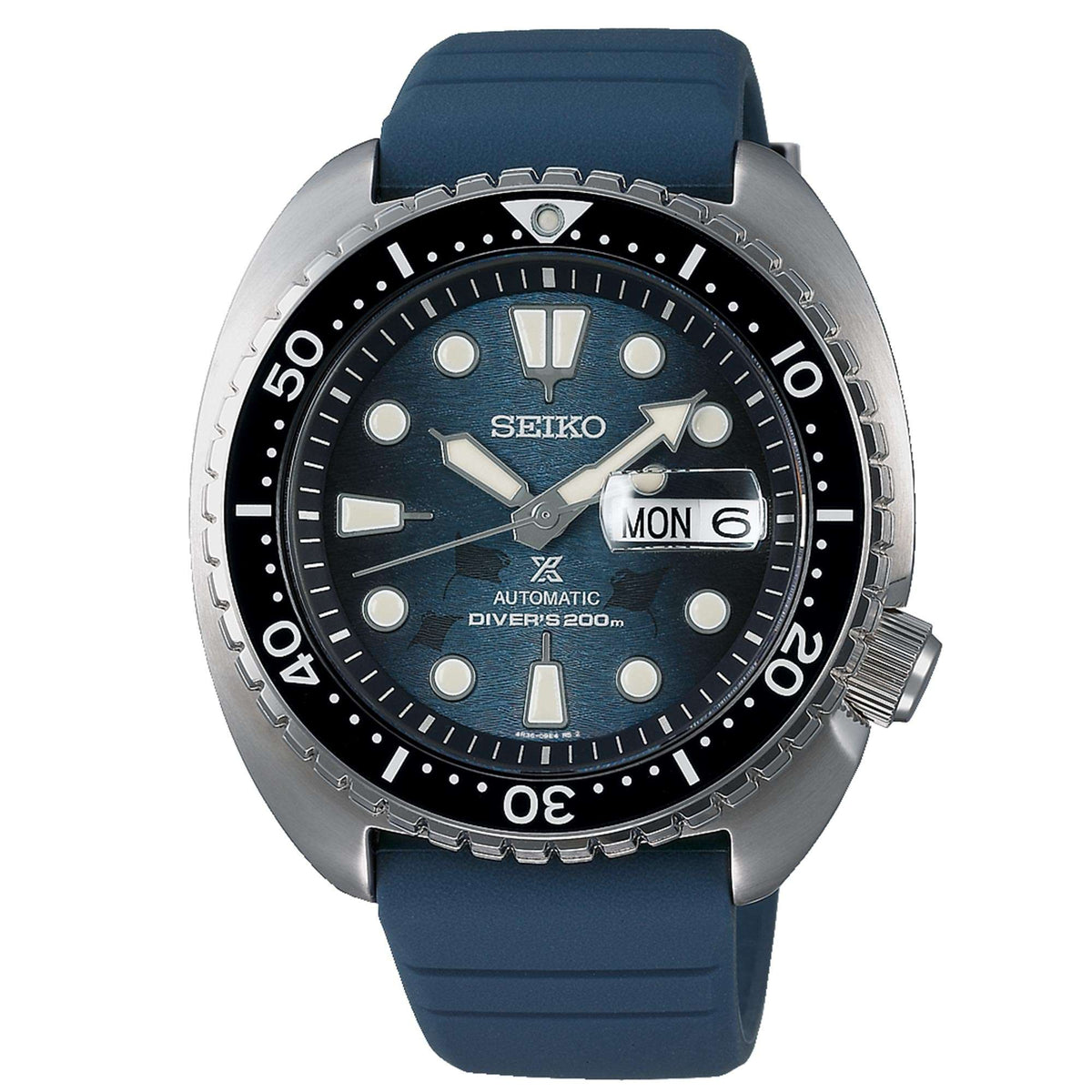 Men's Seiko automatic diving watch with blue dial, black bezel, and blue silicone strap