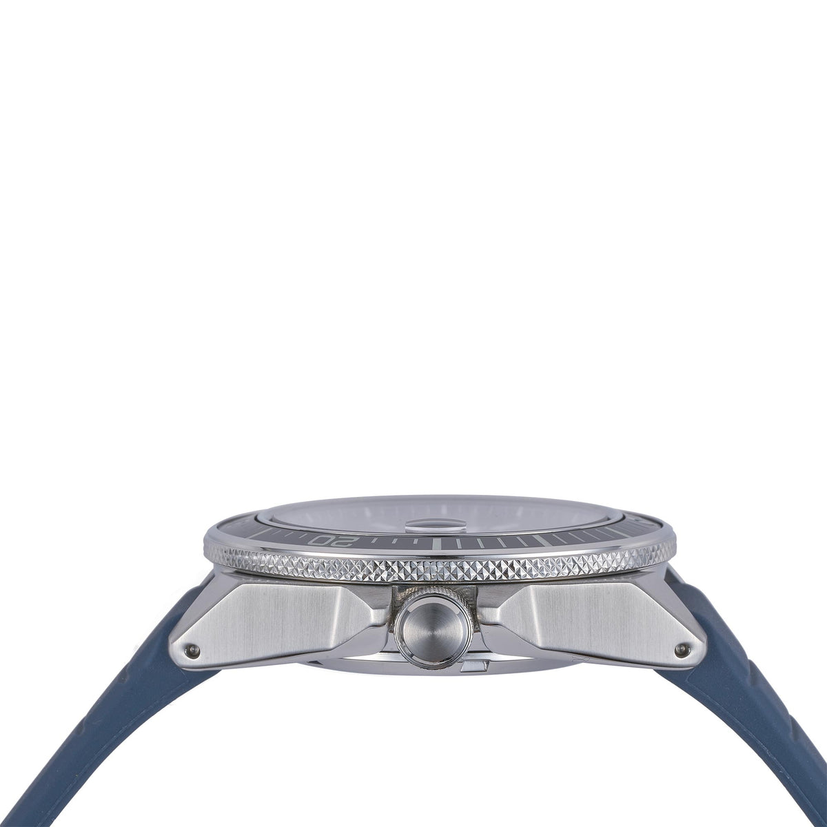 Men's automatic diver watch with blue silicone strap and silver case, side view