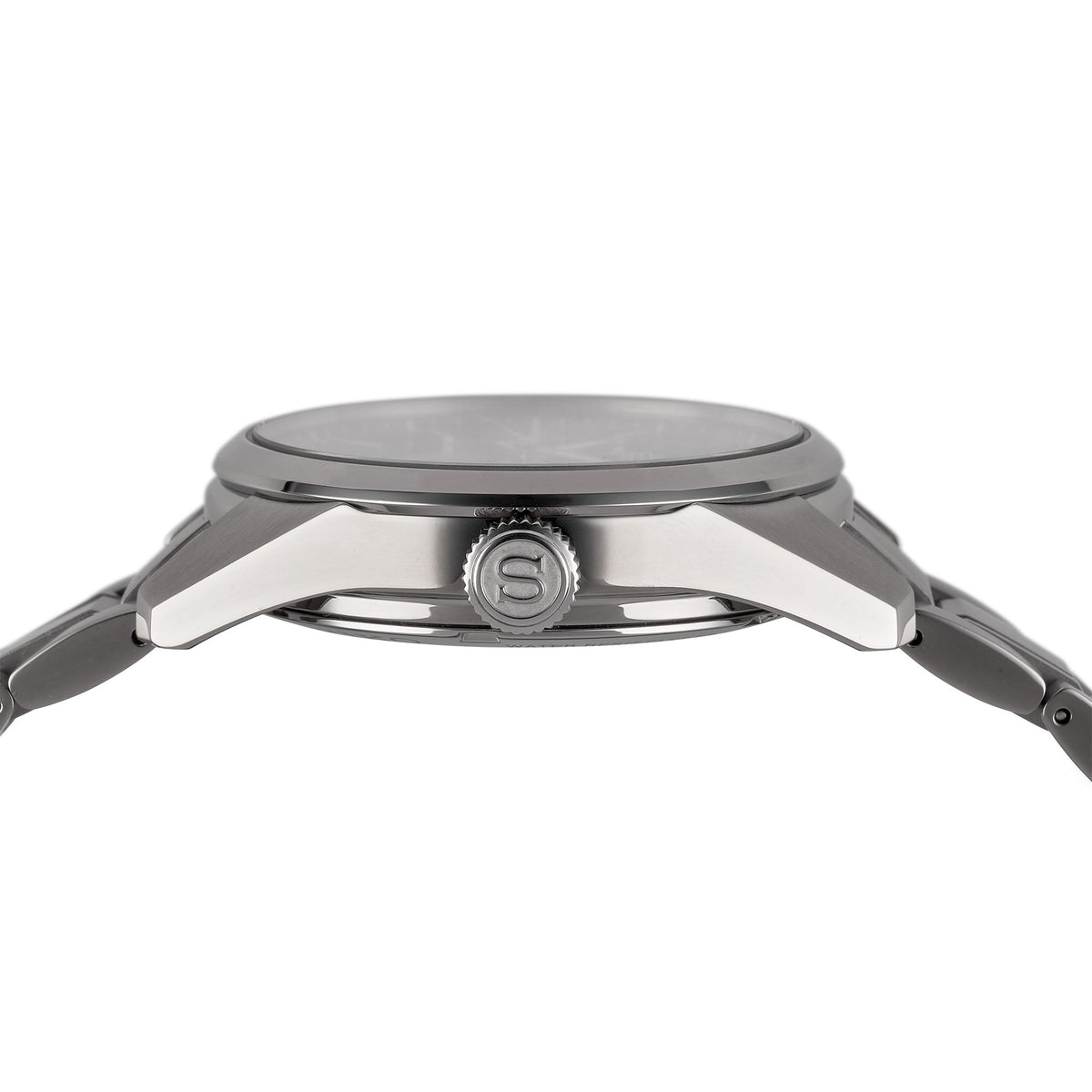 Silver stainless steel automatic watch, angled side view of the black dial case