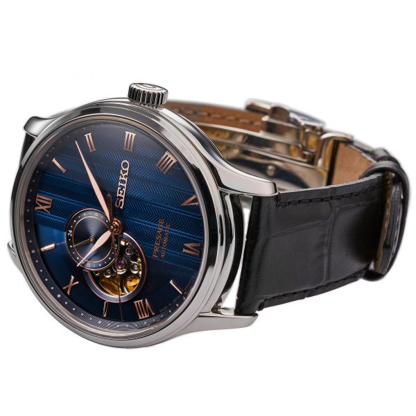 Seiko Presage men's watch with blue dial, Roman numerals, black leather strap