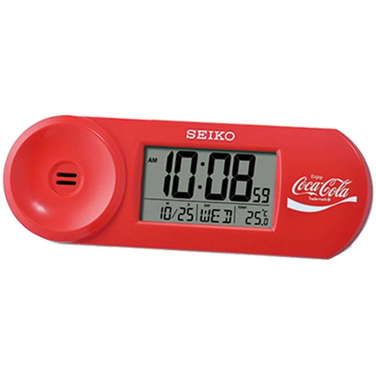 Red Seiko digital alarm clock with Coca-Cola logo, LCD time display and top buttons