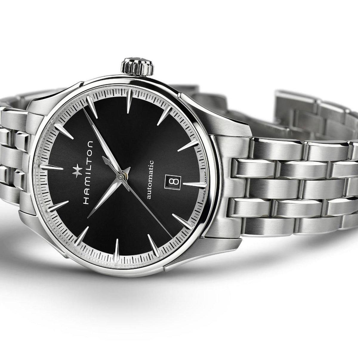 Stainless steel automatic wristwatch with black dial, baton hour markers, and metal link strap.