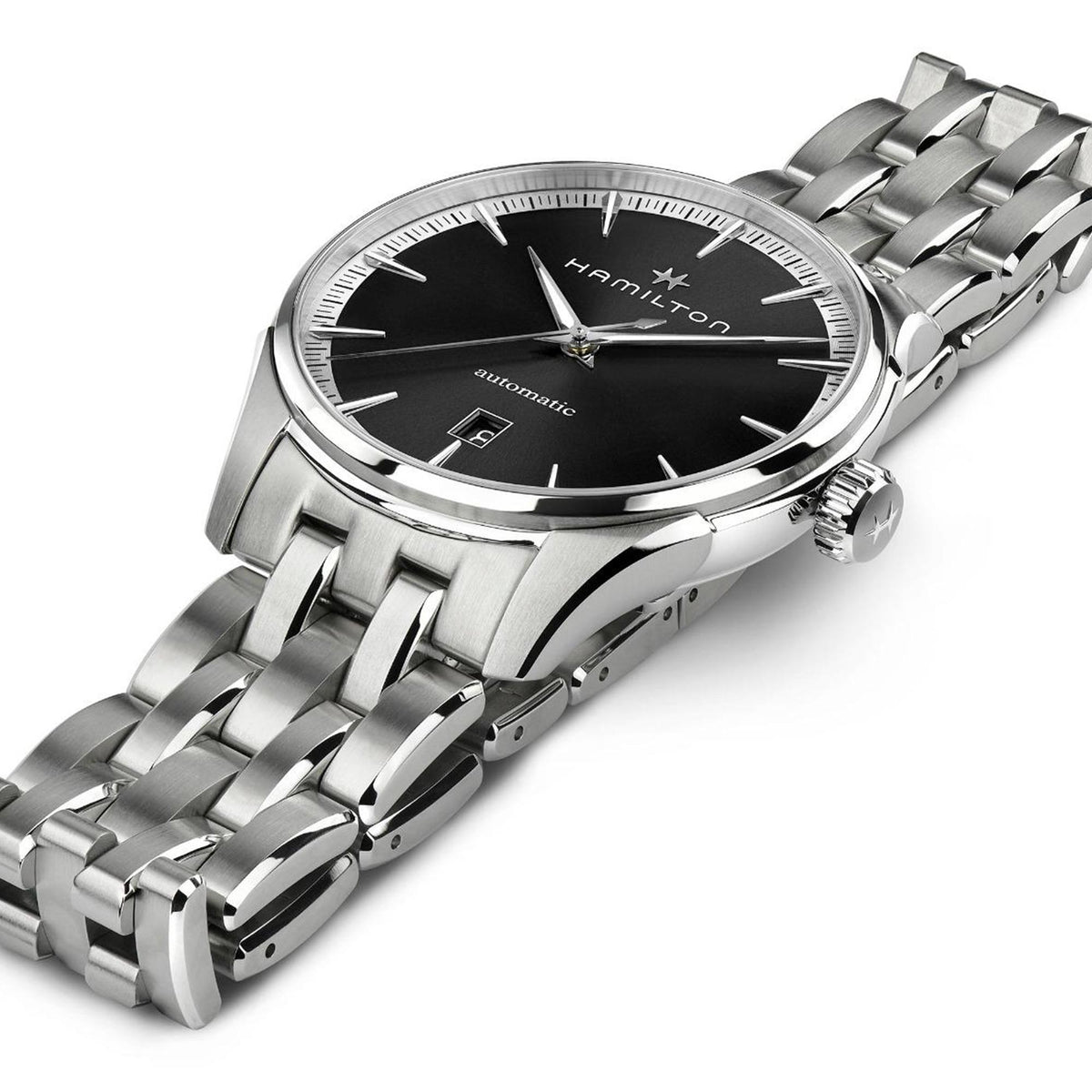Stainless steel automatic watch with black dial, polished bezel and three-link bracelet.