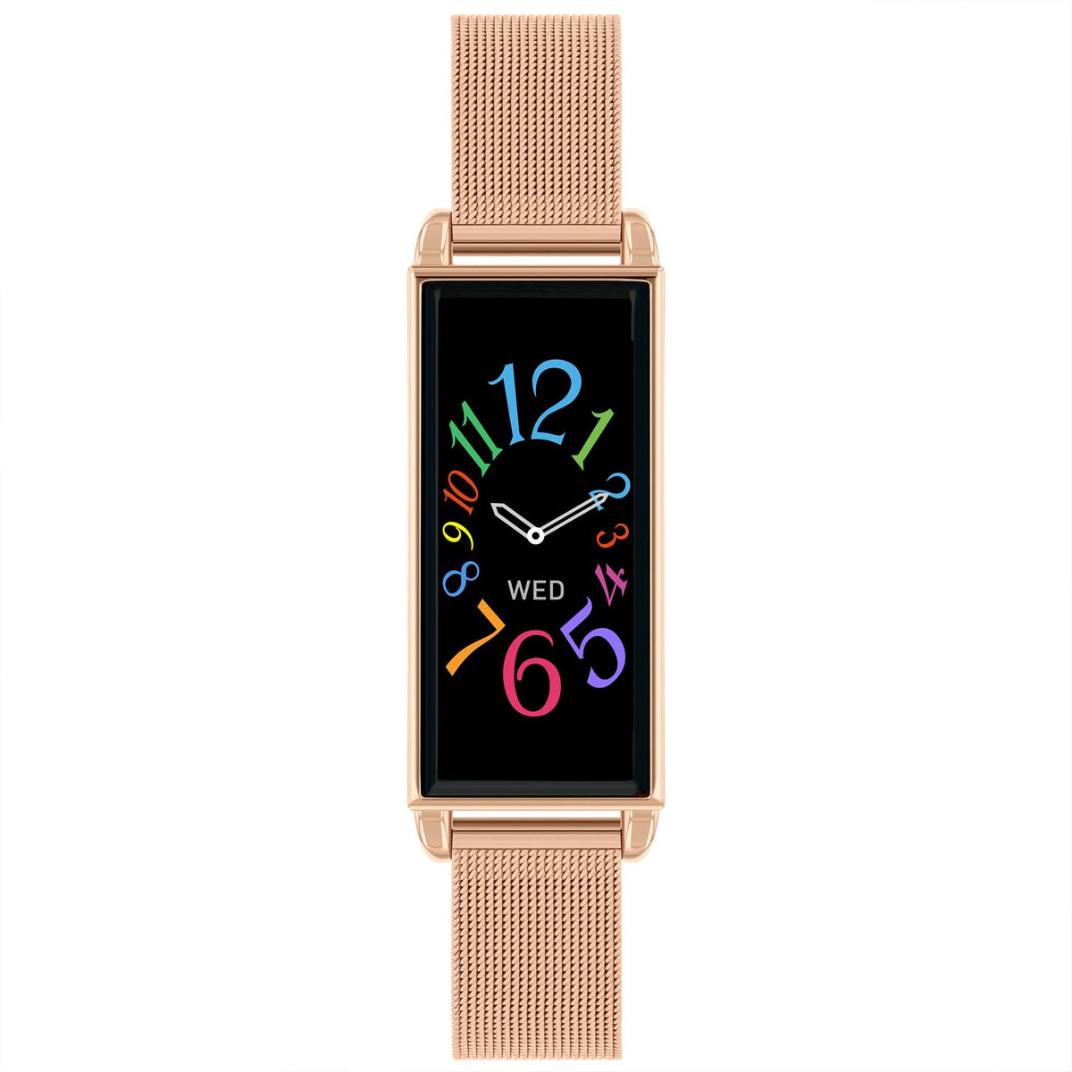 Rose gold mesh strap smartwatch with colorful 121/65 digits on black screen