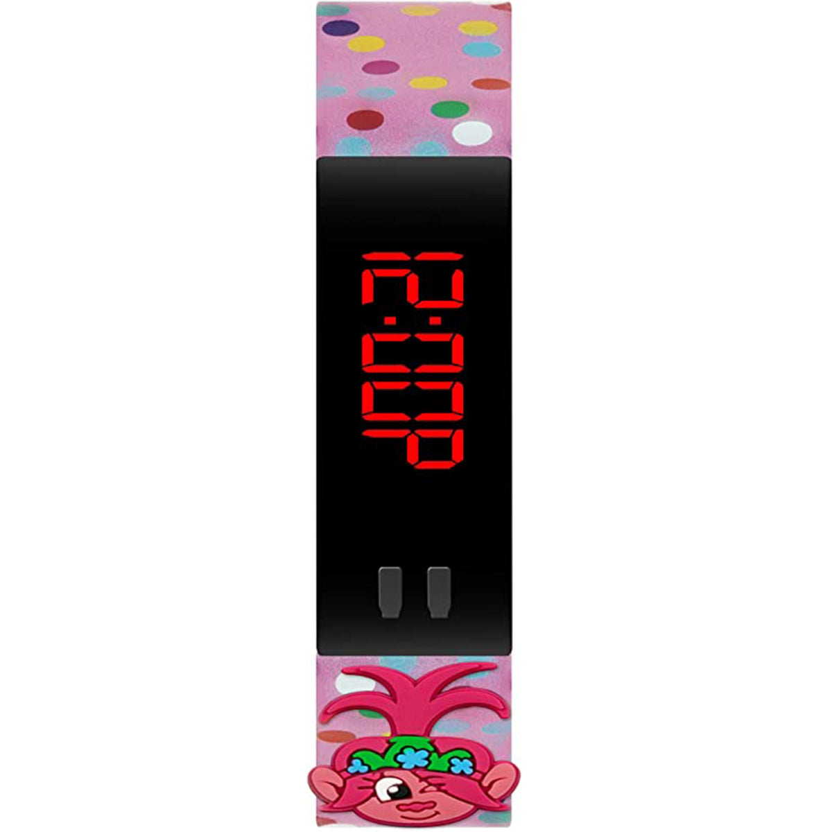 Kids digital fitness watch front view, black screen with red steps icon, troll face strap
